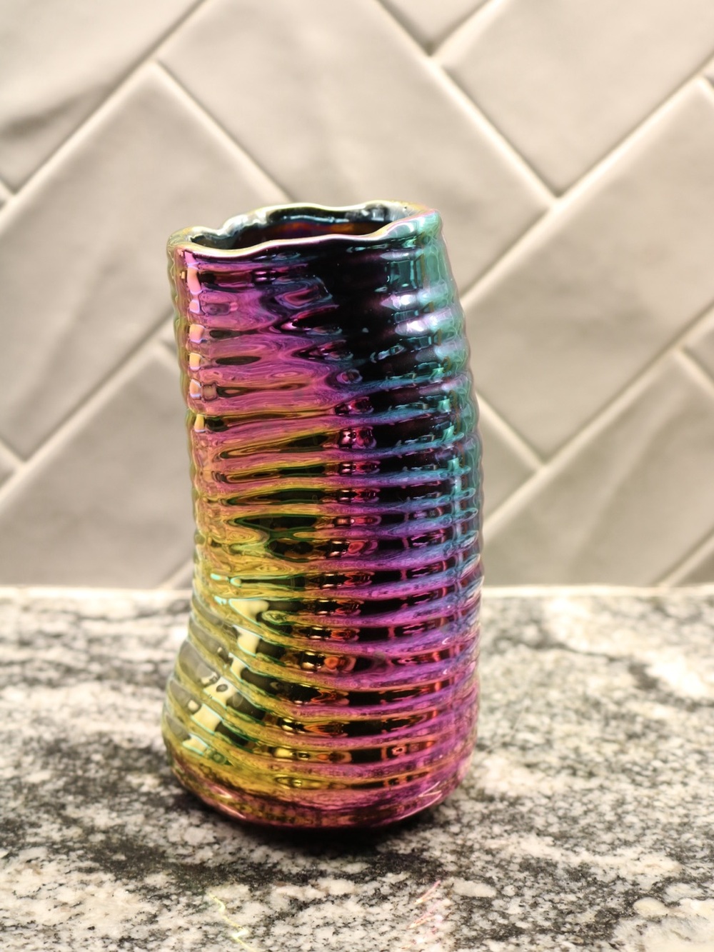 Iridescent Multicolor Ribbed Glass Vase